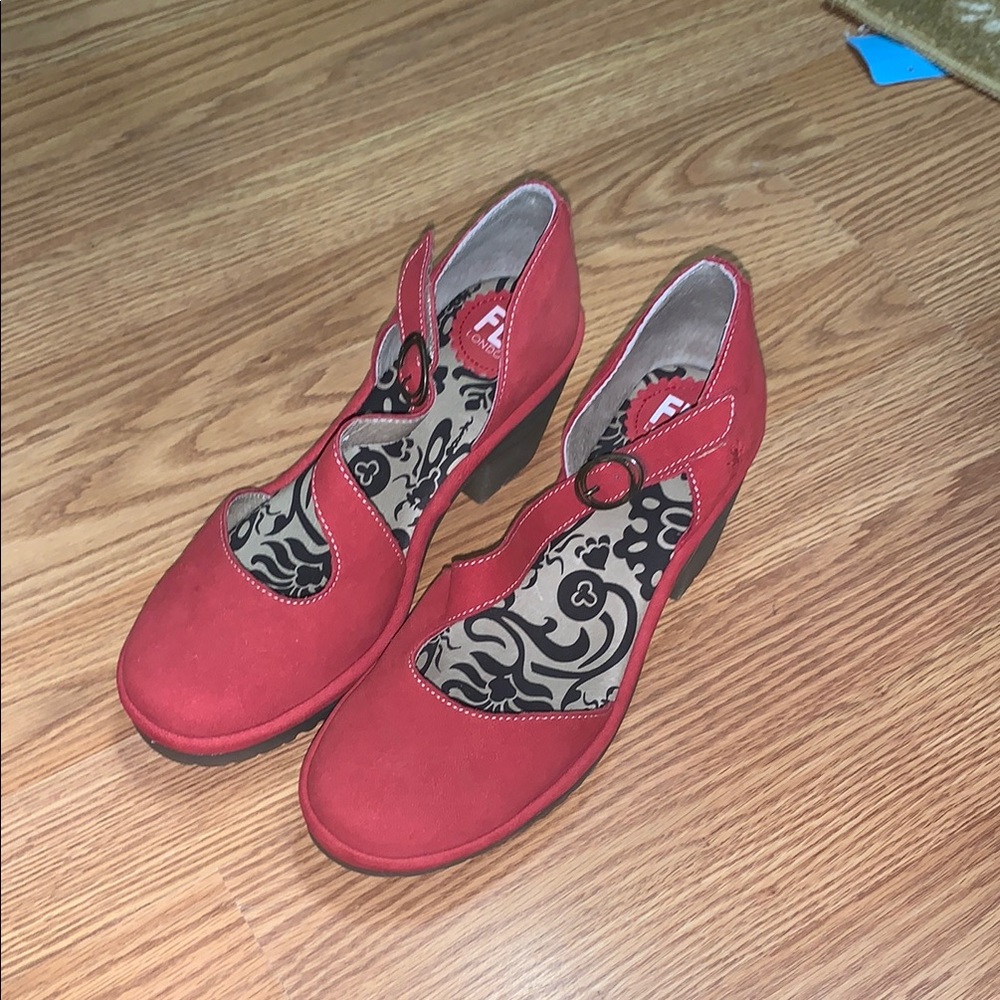Fly London wako Heels asymmetric qvc leather red